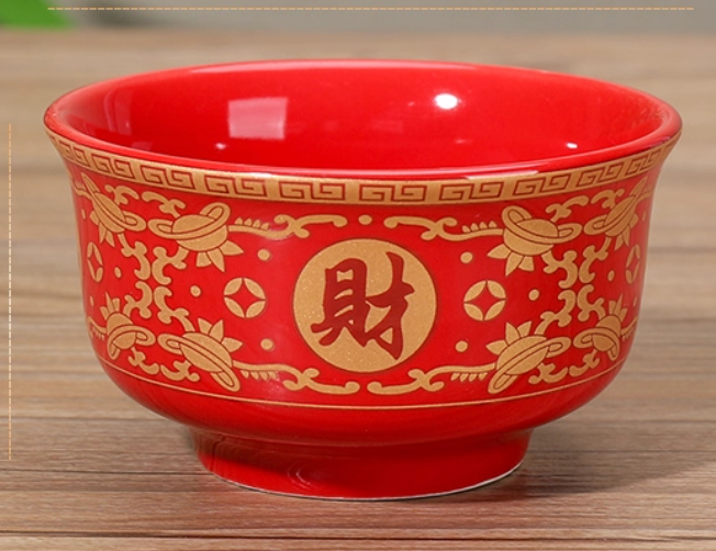 大红供碗八供碗斋碗饭碗供佛家用供水杯拜拜贡碗陶瓷唐彩碗