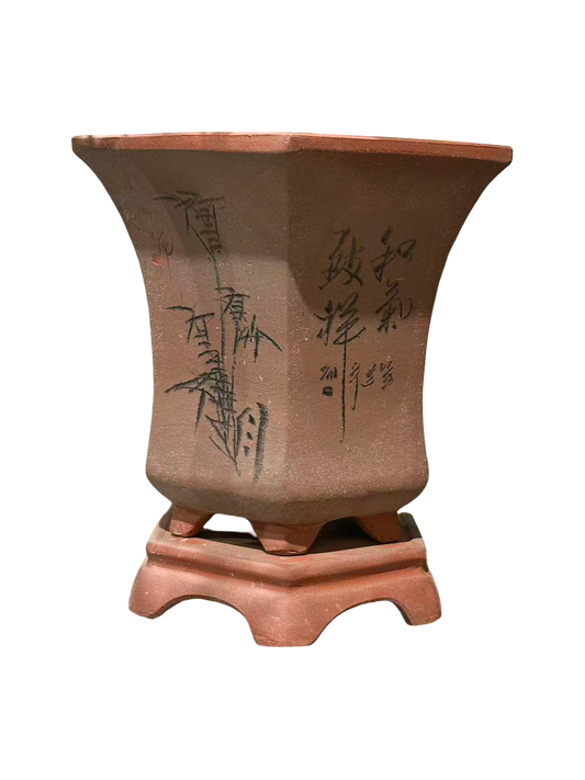 陶瓷花盆｜束腰四方｜六方盘底带托